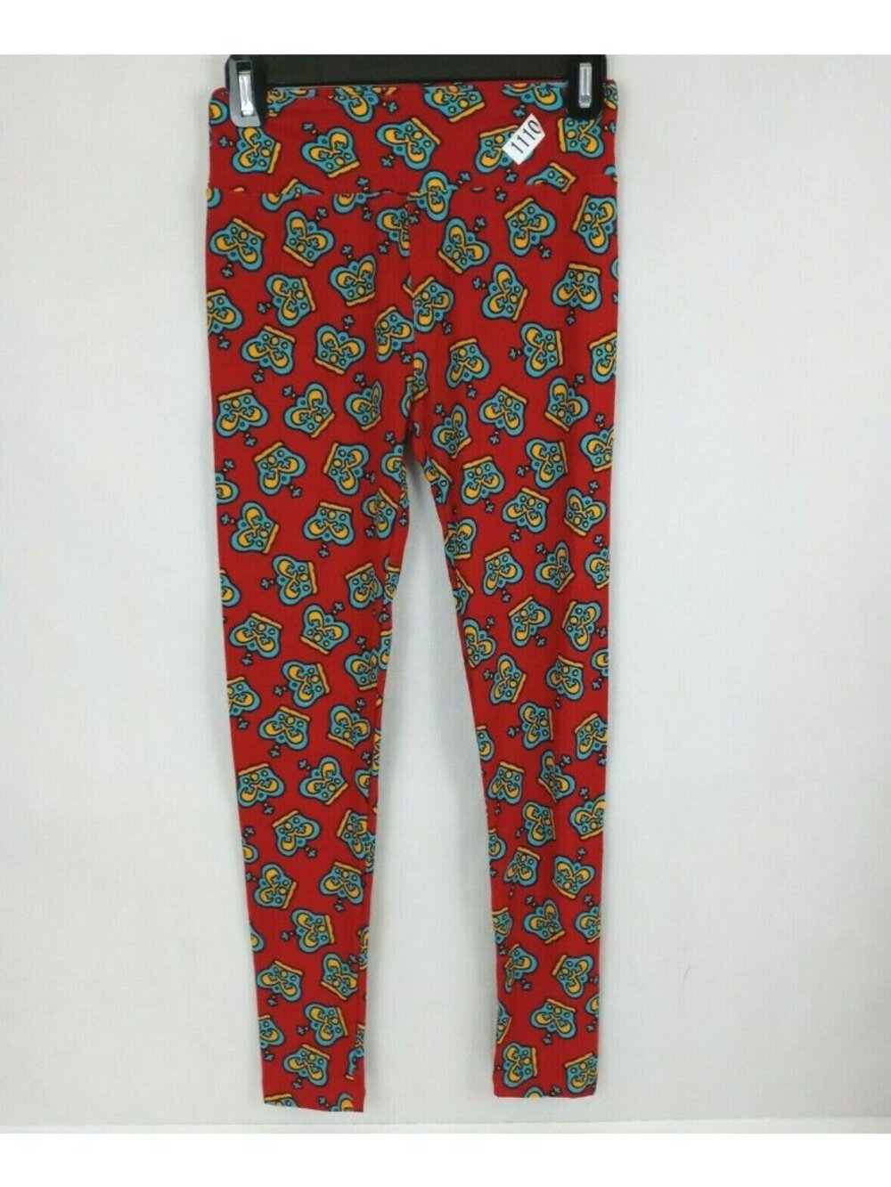 New LuLaRoe One Size Leggings Red With Blue & Gold Crowns Design